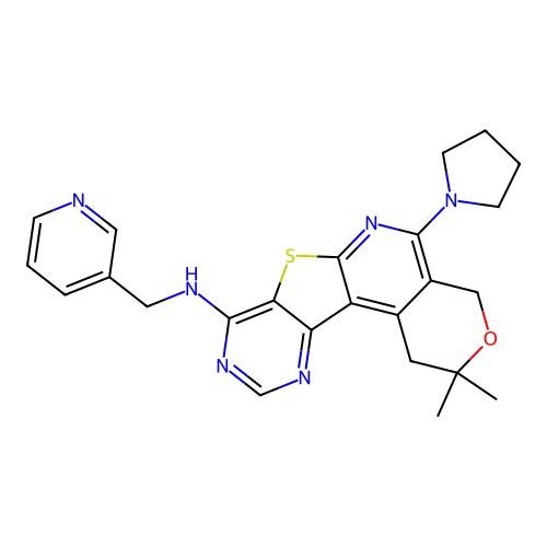 2,2-dimethyl-N-(pyridin-3-ylmethyl)-5-(pyrrolidin-1-yl)-1,4-dihydro-2H-pyrano[4'',3'':4',5']pyrido[3',2':4,5]thieno[3,2-d]pyrimidin-8-amine structure