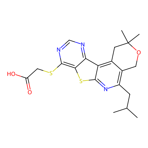 {[2,2-dimethyl-5-(2-methylpropyl)-1,4-dihydro-2H-pyrano[4'',3'':4',5']pyrido[3',2':4,5]thieno[3,2-d]pyrimidin-8-yl]sulfanyl}acetic acid structure