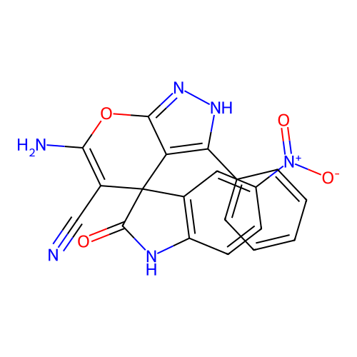 6'-amino-5-nitro-2-oxo-3'-phenyl-1'H-spiro[indoline-3,4'-pyrano[2,3-c]pyrazole]-5'-carbonitrile structure