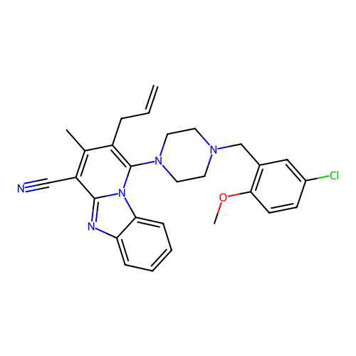 1-[4-(5-chloro-2-methoxybenzyl)piperazin-1-yl]-3-methyl-2-(prop-2-en-1-yl)pyrido[1,2-a]benzimidazole-4-carbonitrile structure