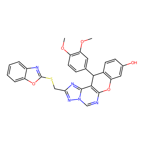 2-[(1,3-benzoxazol-2-ylsulfanyl)methyl]-12-(3,4-dimethoxyphenyl)-12H-chromeno[3,2-e][1,2,4]triazolo[1,5-c]pyrimidin-9-ol structure