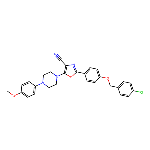2-(4-((4-chlorobenzyl)oxy)phenyl)-5-(4-(4-methoxyphenyl)piperazin-1-yl)oxazole-4-carbonitrile structure