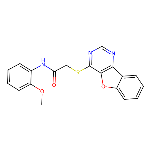 2-([1]benzofuro[3,2-d]pyrimidin-4-ylsulfanyl)-N-(2-methoxyphenyl)acetamide structure