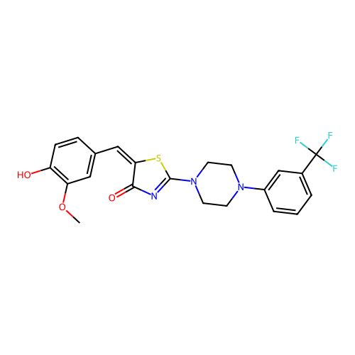 (5E)-5-[(4-hydroxy-3-methoxyphenyl)methylidene]-2-[4-[3-(trifluoromethyl)phenyl]piperazin-1-yl]-1,3-thiazol-4-one structure