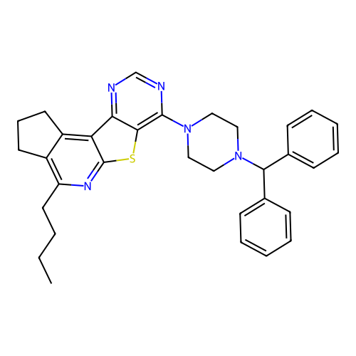 4-butyl-7-[4-(diphenylmethyl)piperazin-1-yl]-2,3-dihydro-1H-cyclopenta[4',5']pyrido[3',2':4,5]thieno[3,2-d]pyrimidine structure