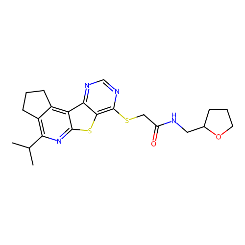 2-((4-isopropyl-2,3-dihydro-1H-cyclopenta[4',5']pyrido[3',2':4,5]thieno[3,2-d]pyrimidin-7-yl)thio)-N-((tetrahydrofuran-2-yl)methyl)acetamide structure