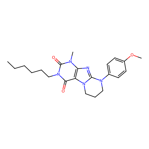 3-hexyl-9-(4-methoxyphenyl)-1-methyl-6,7,8,9-tetrahydropyrimido[2,1-f]purine-2,4(1H,3H)-dione structure