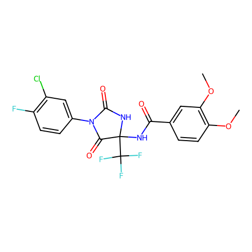 N-(1-(3-chloro-4-fluorophenyl)-2,5-dioxo-4-(trifluoromethyl)imidazolidin-4-yl)-3,4-dimethoxybenzamide structure