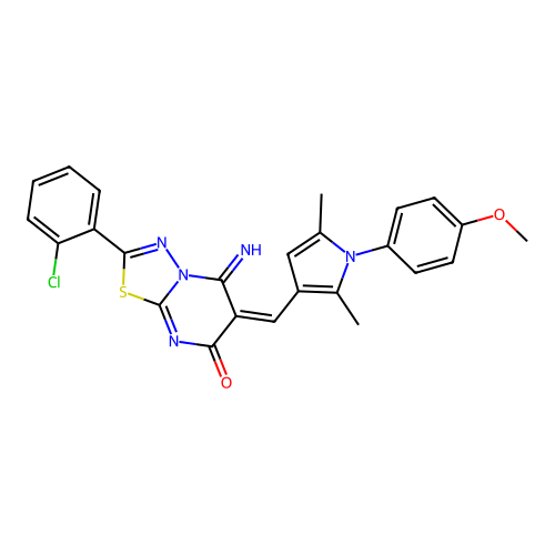 (E)-2-(2-chlorophenyl)-5-imino-6-((1-(4-methoxyphenyl)-2,5-dimethyl-1H-pyrrol-3-yl)methylene)-5H-[1,3,4]thiadiazolo[3,2-a]pyrimidin-7(6H)-one structure