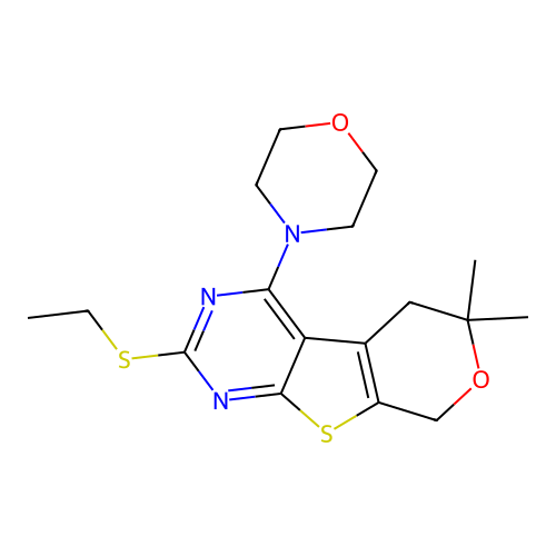 2-(ethylsulfanyl)-6,6-dimethyl-4-(morpholin-4-yl)-5,8-dihydro-6H-pyrano[4',3':4,5]thieno[2,3-d]pyrimidine structure