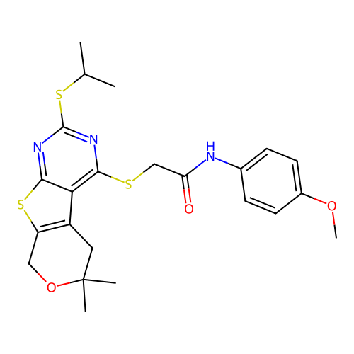 2-((2-(isopropylthio)-6,6-dimethyl-6,8-dihydro-5H-pyrano[4',3':4,5]thieno[2,3-d]pyrimidin-4-yl)thio)-N-(4-methoxyphenyl)acetamide structure