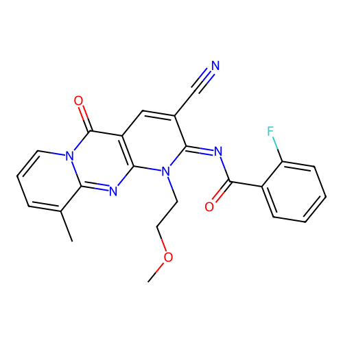 (E)-N-(3-cyano-1-(2-methoxyethyl)-10-methyl-5-oxo-1H-dipyrido[1,2-a:2',3'-d]pyrimidin-2(5H)-ylidene)-2-fluorobenzamide structure