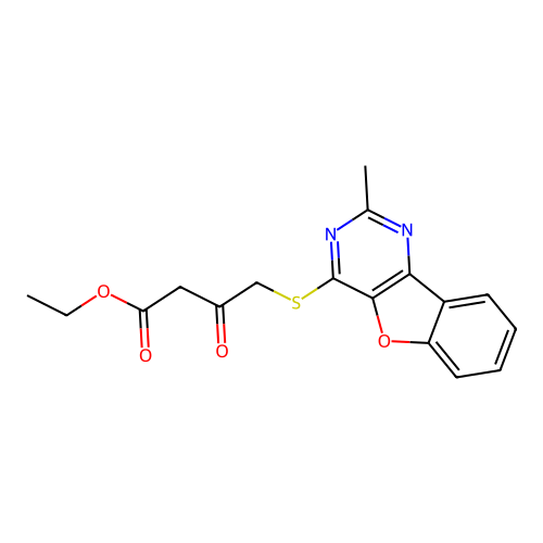 Ethyl 4-[(2-methyl[1]benzofuro[3,2-d]pyrimidin-4-yl)sulfanyl]-3-oxobutanoate structure