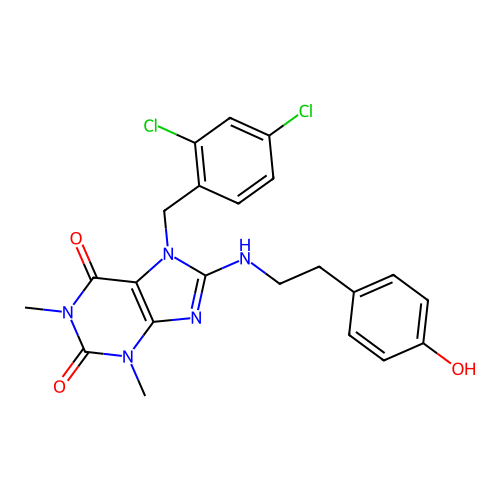 7-(2,4-dichlorobenzyl)-8-((4-hydroxyphenethyl)amino)-1,3-dimethyl-1H-purine-2,6(3H,7H)-dione structure