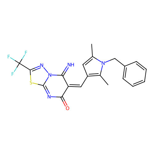 (E)-6-((1-benzyl-2,5-dimethyl-1H-pyrrol-3-yl)methylene)-5-imino-2-(trifluoromethyl)-5H-[1,3,4]thiadiazolo[3,2-a]pyrimidin-7(6H)-one structure