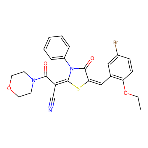 (2E)-2-[(5E)-5-[(5-bromo-2-ethoxyphenyl)methylidene]-4-oxo-3-phenyl-1,3-thiazolidin-2-ylidene]-3-morpholin-4-yl-3-oxopropanenitrile structure
