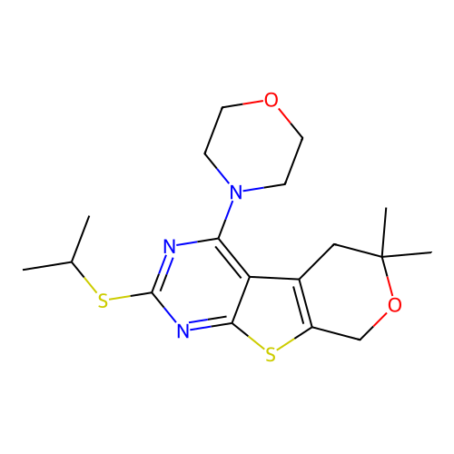 2-Isopropylsulfanyl-6,6-dimethyl-4-morpholin-4-yl-5,8-dihydro-6H-pyrano[4',3':4,5]thieno[2,3-d]pyrimidin e structure