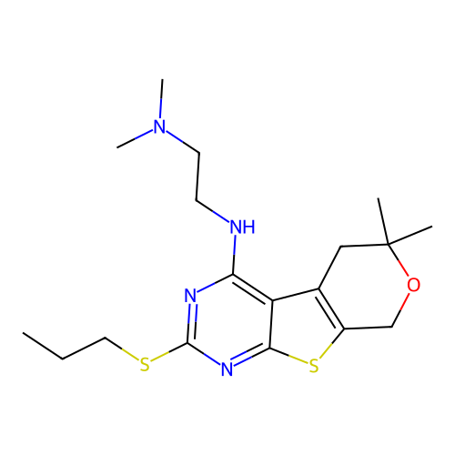N'-[6,6-dimethyl-2-(propylsulfanyl)-5,8-dihydro-6H-pyrano[4',3':4,5]thieno[2,3-d]pyrimidin-4-yl]-N,N-dimethylethane-1,2-diamine structure