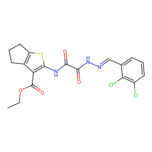 (E)-ethyl 2-(2-(2-(2,3-dichlorobenzylidene)hydrazinyl)-2-oxoacetamido)-5,6-dihydro-4H-cyclopenta[b]thiophene-3-carboxylate structure