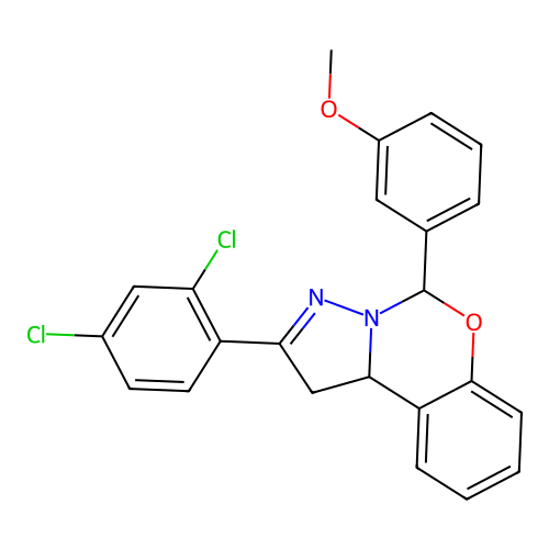 2-(2,4-dichlorophenyl)-5-(3-methoxyphenyl)-1,10b-dihydropyrazolo[1,5-c][1,3]benzoxazine structure