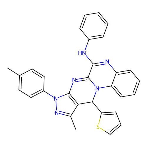 10-methyl-8-(4-methylphenyl)-N-phenyl-11-(thiophen-2-yl)-8,11-dihydropyrazolo[3',4':4,5]pyrimido[1,2-a]quinoxalin-6-amine structure