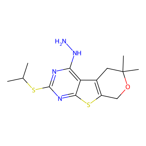 4-hydrazinyl-2-(isopropylthio)-6,6-dimethyl-6,8-dihydro-5H-pyrano[4',3':4,5]thieno[2,3-d]pyrimidine structure