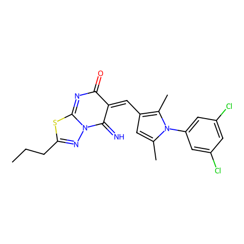 (6E)-6-[[1-(3,5-dichlorophenyl)-2,5-dimethylpyrrol-3-yl]methylidene]-5-imino-2-propyl-[1,3,4]thiadiazolo[3,2-a]pyrimidin-7-one structure