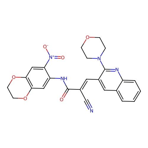 2-cyano-3-[2-(morpholin-4-yl)quinolin-3-yl]-N-(7-nitro-2,3-dihydro-1,4-benzodioxin-6-yl)prop-2-enamide structure