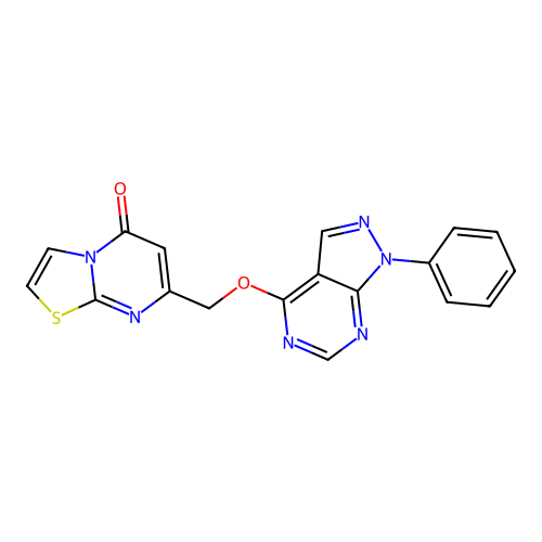 7-[({1-phenyl-1H-pyrazolo[3,4-d]pyrimidin-4-yl}oxy)methyl]-5H-[1,3]thiazolo[3,2-a]pyrimidin-5-one structure