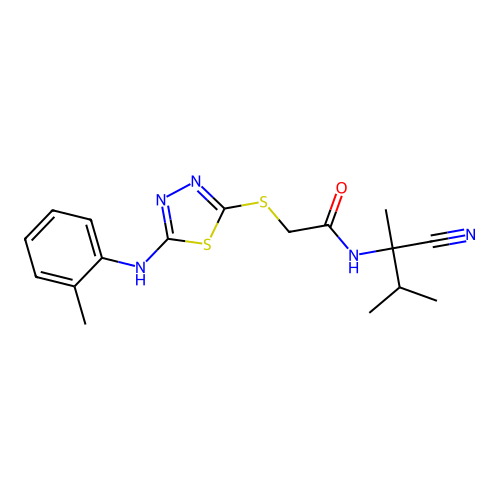N-(1-cyano-1,2-dimethylpropyl)-2-({5-[(2-methylphenyl)amino]-1,3,4-thiadiazol-2-yl}sulfanyl)acetamide structure