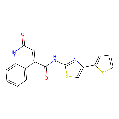 2-hydroxy-N-[4-(thiophen-2-yl)-1,3-thiazol-2-yl]quinoline-4-carboxamide structure