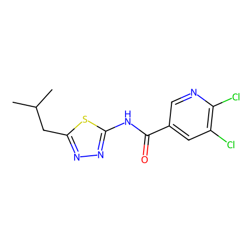 5,6-dichloro-N-[5-(2-methylpropyl)-1,3,4-thiadiazol-2-yl]pyridine-3-carboxamide structure