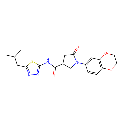 1-(2,3-dihydro-1,4-benzodioxin-6-yl)-N-[(2E)-5-(2-methylpropyl)-1,3,4-thiadiazol-2(3H)-ylidene]-5-oxopyrrolidine-3-carboxamide structure