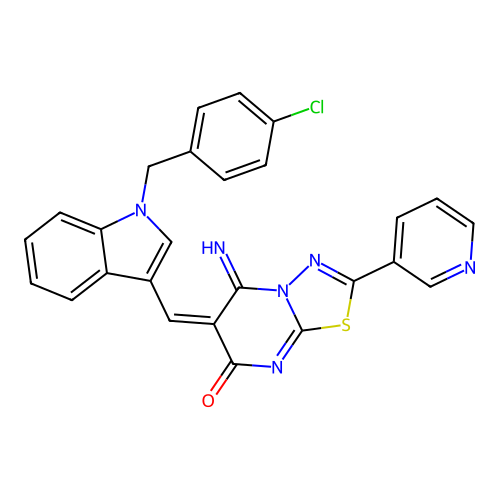(6E)-6-[[1-[(4-chlorophenyl)methyl]indol-3-yl]methylidene]-5-imino-2-pyridin-3-yl-[1,3,4]thiadiazolo[3,2-a]pyrimidin-7-one structure