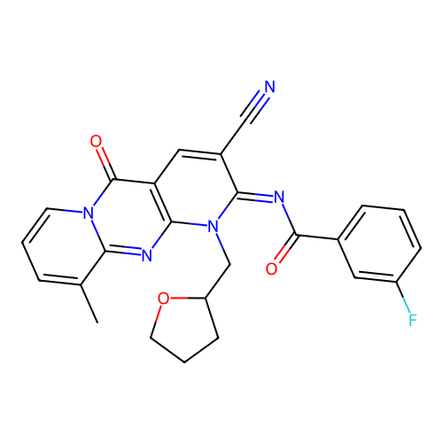 (E)-N-(3-cyano-10-methyl-5-oxo-1-((tetrahydrofuran-2-yl)methyl)-1H-dipyrido[1,2-a:2',3'-d]pyrimidin-2(5H)-ylidene)-3-fluorobenzamide structure