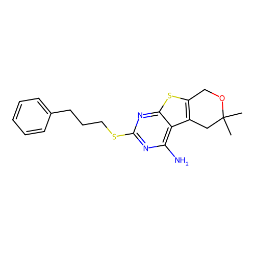 6,6-dimethyl-2-((3-phenylpropyl)thio)-6,8-dihydro-5H-pyrano[4',3':4,5]thieno[2,3-d]pyrimidin-4-amine structure