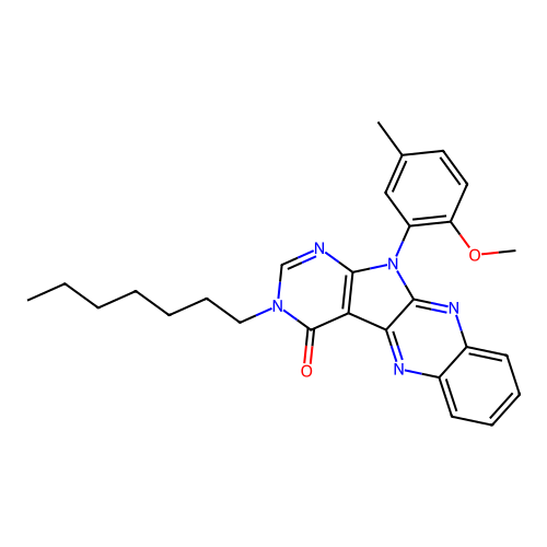 3-heptyl-11-(2-methoxy-5-methylphenyl)-3,11-dihydro-4H-pyrimido[5',4':4,5]pyrrolo[2,3-b]quinoxalin-4-one structure