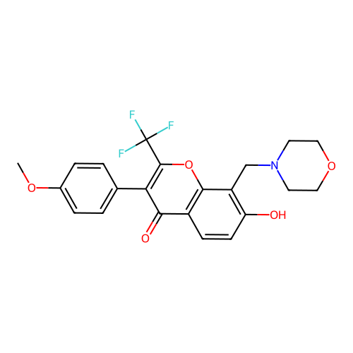 7-hydroxy-3-(4-methoxyphenyl)-8-(morpholinomethyl)-2-(trifluoromethyl)-4H-chromen-4-one structure