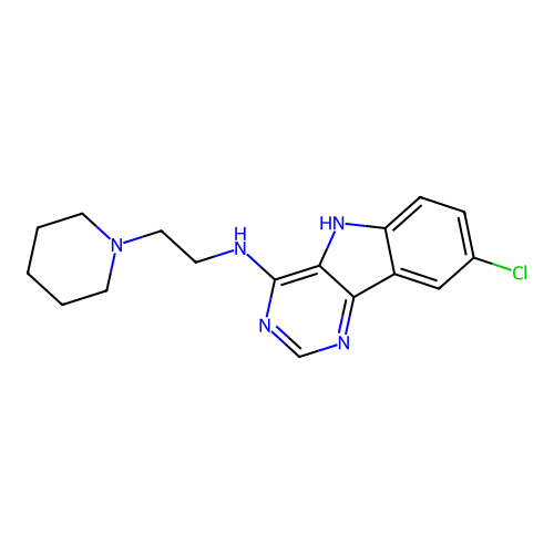 8-chloro-N-(2-(piperidin-1-yl)ethyl)-5H-pyrimido[5,4-b]indol-4-amine structure