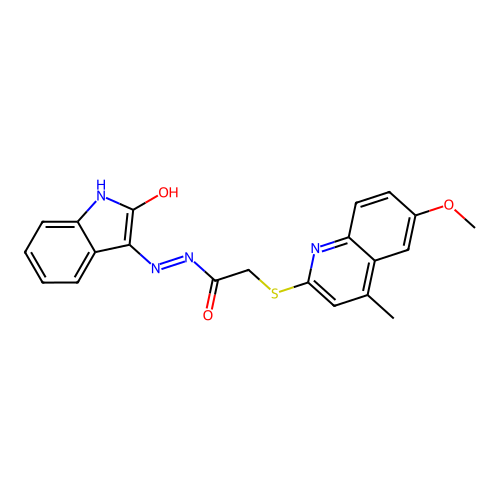(E)-2-((6-methoxy-4-methylquinolin-2-yl)thio)-N'-(2-oxoindolin-3-ylidene)acetohydrazide structure