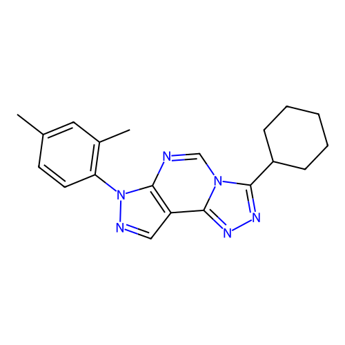 3-cyclohexyl-7-(2,4-dimethylphenyl)-7H-pyrazolo[4,3-e][1,2,4]triazolo[4,3-c]pyrimidine structure