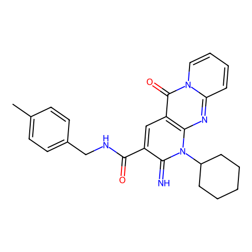 1-cyclohexyl-2-imino-N-(4-methylbenzyl)-5-oxo-1,5-dihydro-2H-dipyrido[1,2-a:2',3'-d]pyrimidine-3-carboxamide structure
