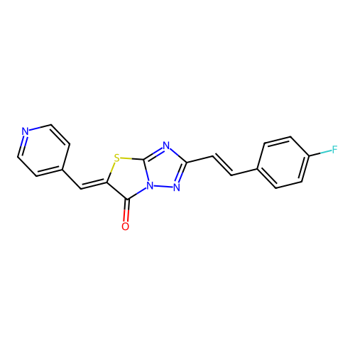 (5Z)-2-[(E)-2-(4-fluorophenyl)ethenyl]-5-(pyridin-4-ylmethylidene)[1,3]thiazolo[3,2-b][1,2,4]triazol-6(5H)-one structure
