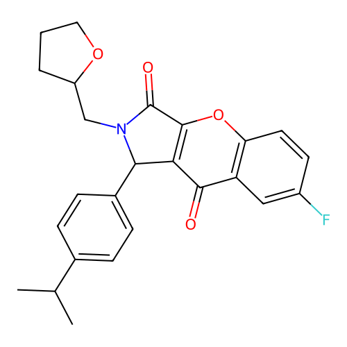 7-fluoro-1-(4-isopropylphenyl)-2-((tetrahydrofuran-2-yl)methyl)-1,2-dihydrochromeno[2,3-c]pyrrole-3,9-dione structure