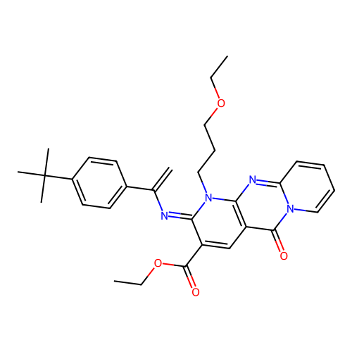 (Z)-ethyl 2-((1-(4-(tert-butyl)phenyl)vinyl)imino)-1-(3-ethoxypropyl)-5-oxo-2,5-dihydro-1H-dipyrido[1,2-a:2',3'-d]pyrimidine-3-carboxylate structure