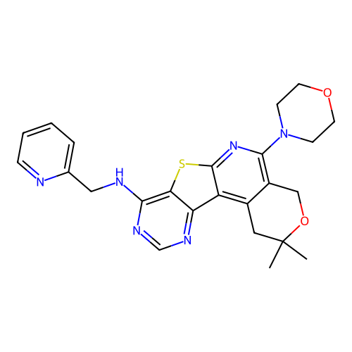 2,2-dimethyl-5-(morpholin-4-yl)-N-(pyridin-2-ylmethyl)-1,4-dihydro-2H-pyrano[4'',3'':4',5']pyrido[3',2':4,5]thieno[3,2-d]pyrimidin-8-amine structure