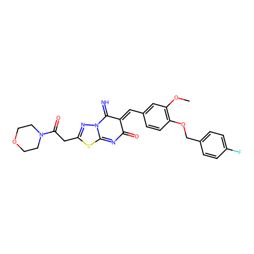 (6Z)-6-[[4-[(4-fluorophenyl)methoxy]-3-methoxyphenyl]methylidene]-5-imino-2-(2-morpholin-4-yl-2-oxoethyl)-[1,3,4]thiadiazolo[3,2-a]pyrimidin-7-one structure