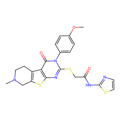 2-((3-(4-methoxyphenyl)-7-methyl-4-oxo-3,4,5,6,7,8-hexahydropyrido[4',3':4,5]thieno[2,3-d]pyrimidin-2-yl)thio)-N-(thiazol-2-yl)acetamide structure