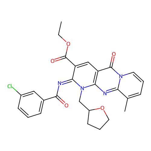 (Z)-ethyl 2-((3-chlorobenzoyl)imino)-10-methyl-5-oxo-1-((tetrahydrofuran-2-yl)methyl)-2,5-dihydro-1H-dipyrido[1,2-a:2',3'-d]pyrimidine-3-carboxylate structure