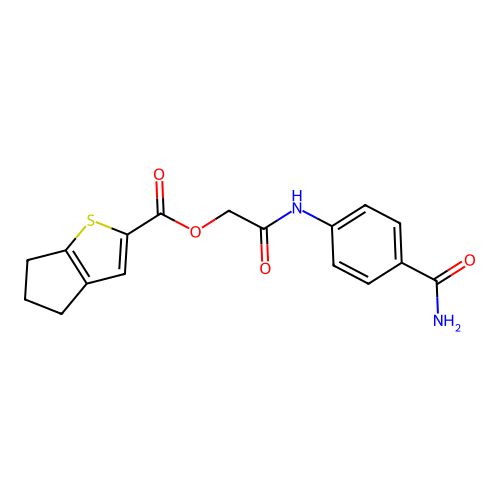 [2-(4-carbamoylanilino)-2-oxoethyl] 5,6-dihydro-4H-cyclopenta[b]thiophene-2-carboxylate structure